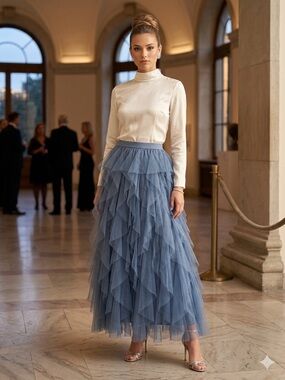SoHo Apparel Formal Feminine Elegant Blue Tulle Tiered Ruffle Maxi Skirt Size M